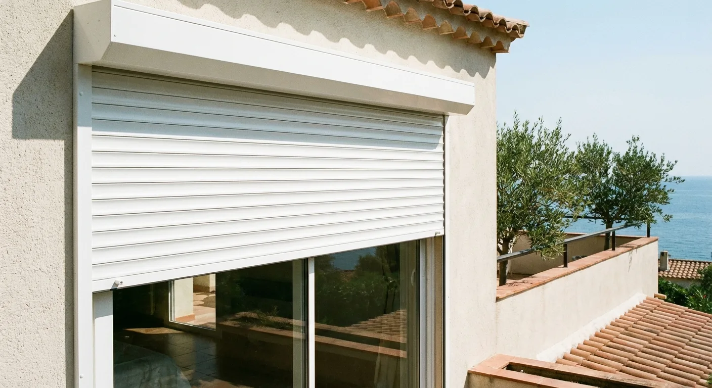Persiana de PVC blanca instalada en ventana de vivienda