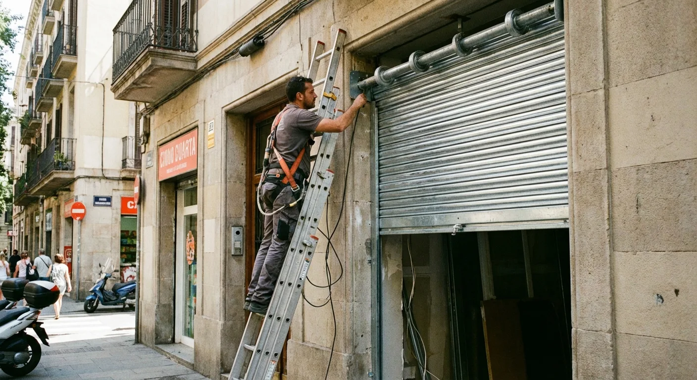 Técnico instalando persiana metálica en fachada de local comercial