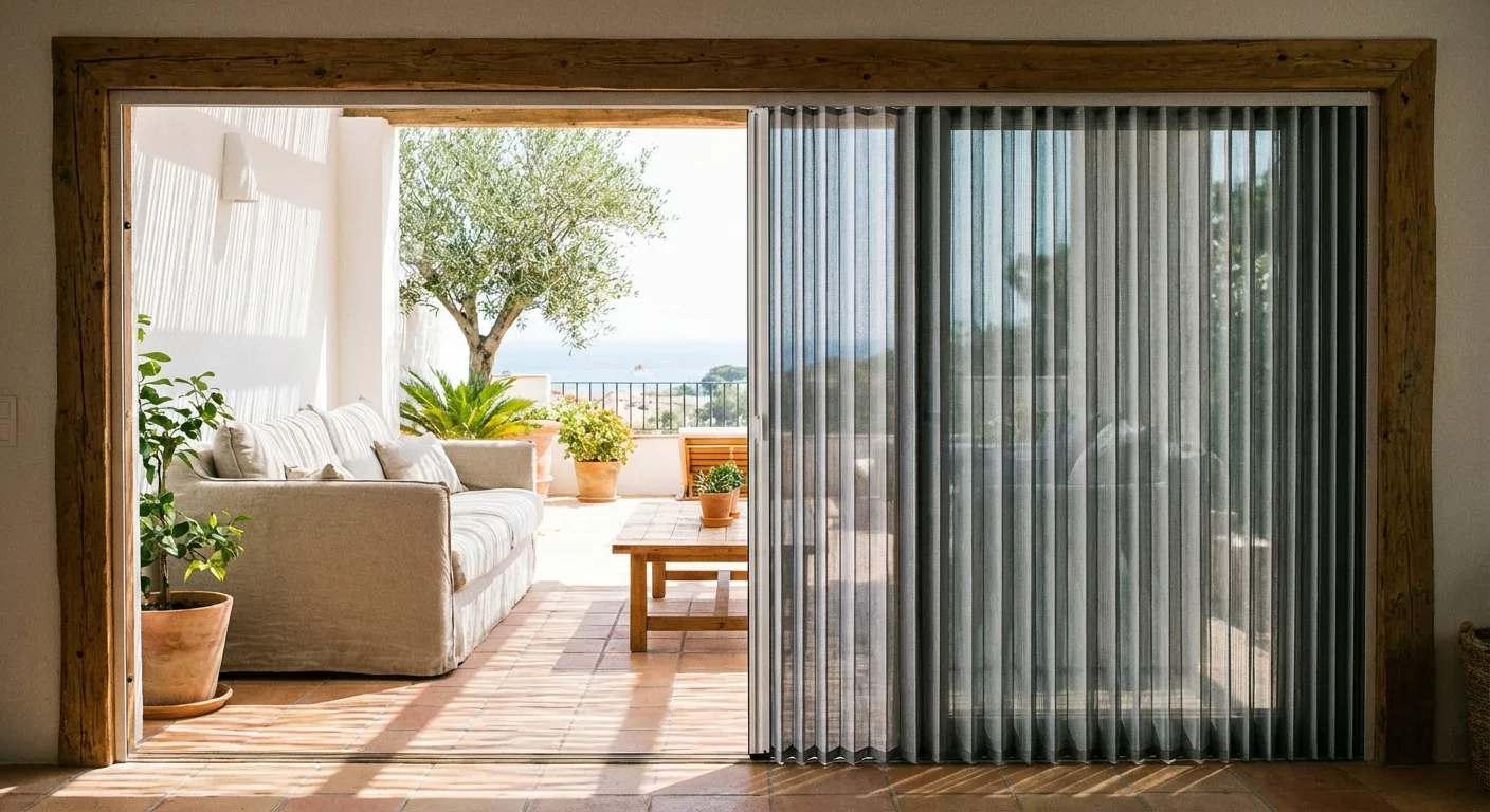 Mosquitera plisada en puerta de terraza de vivienda