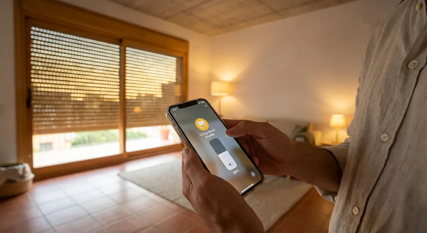 Mando a distancia y app móvil controlando persianas motorizadas